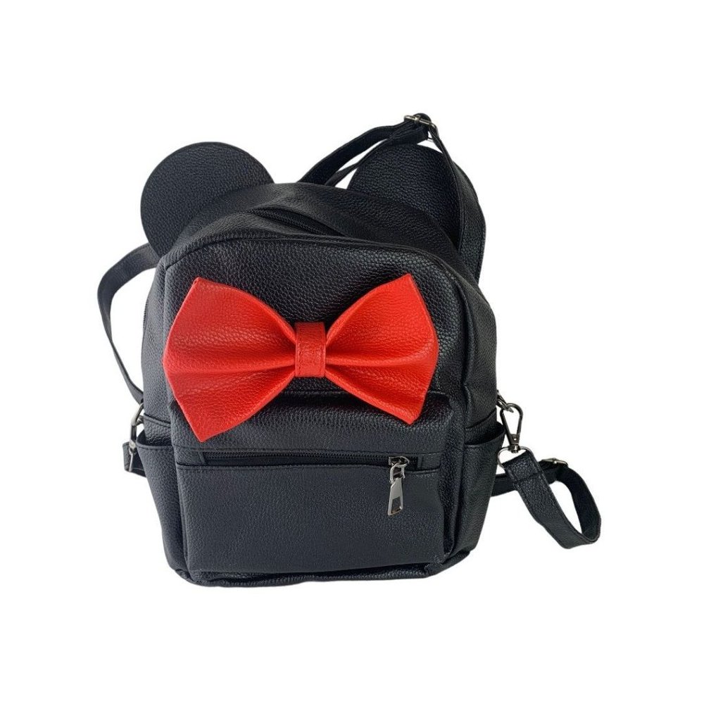 Black Vegan Leather Mini Backpack Ears Bow‎ Adjustable Straps